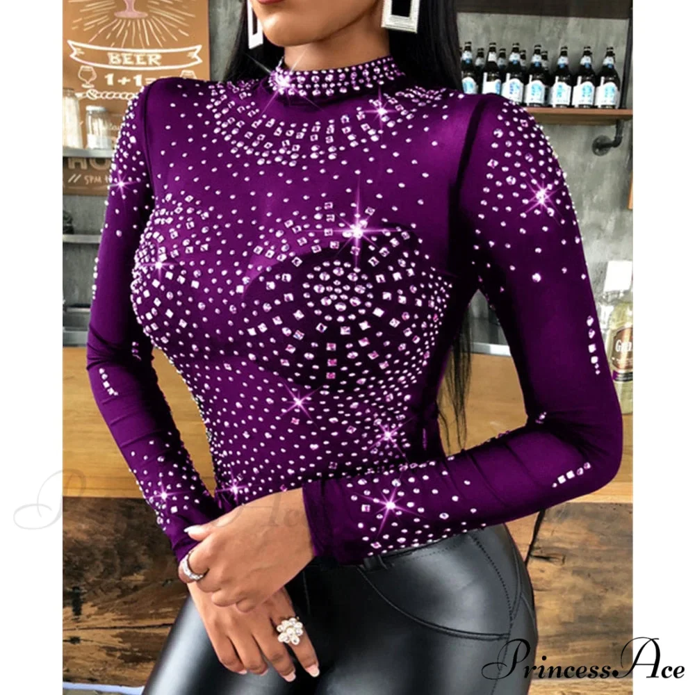 Long Sleeve Slim Fit Round Neck Diamonds Shine Blouse - Image 7