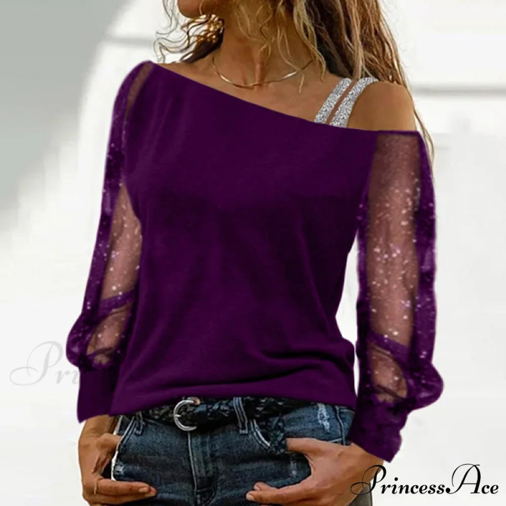 Long Sleeves Skew Collar Off Shoulder Patchwork Diamond Lace Blouse - Image 10