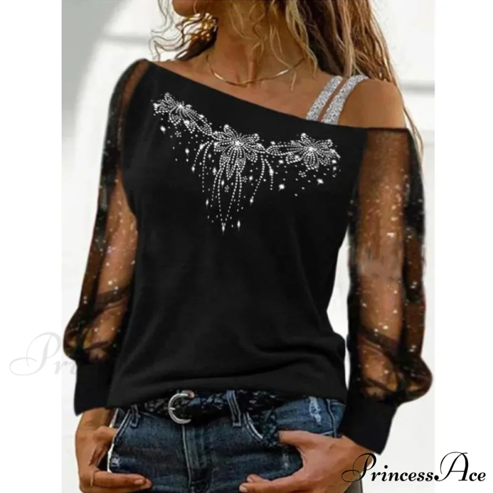 Long Sleeves Skew Collar Off Shoulder Patchwork Diamond Lace Blouse - Image 12