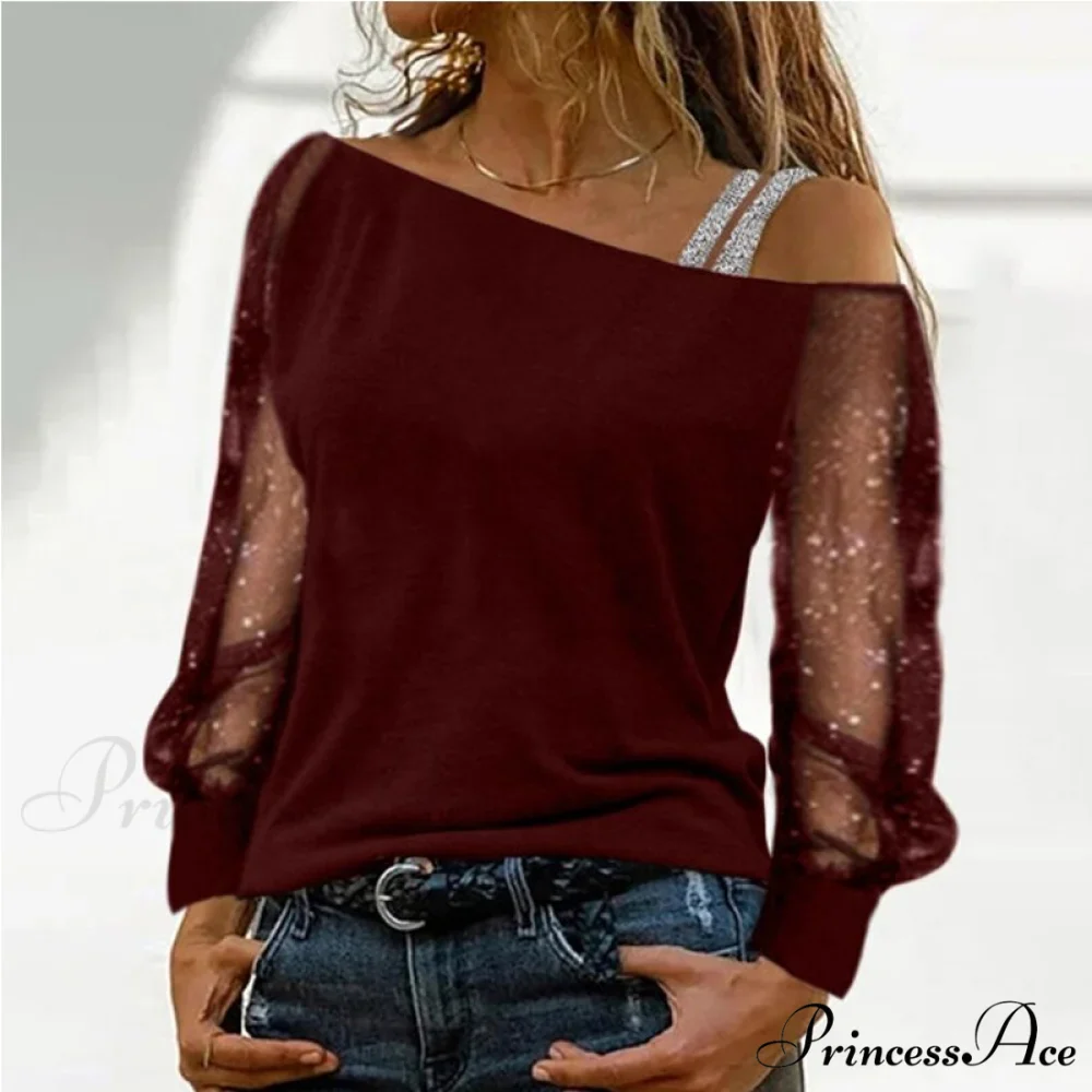 Long Sleeves Skew Collar Off Shoulder Patchwork Diamond Lace Blouse - Image 13
