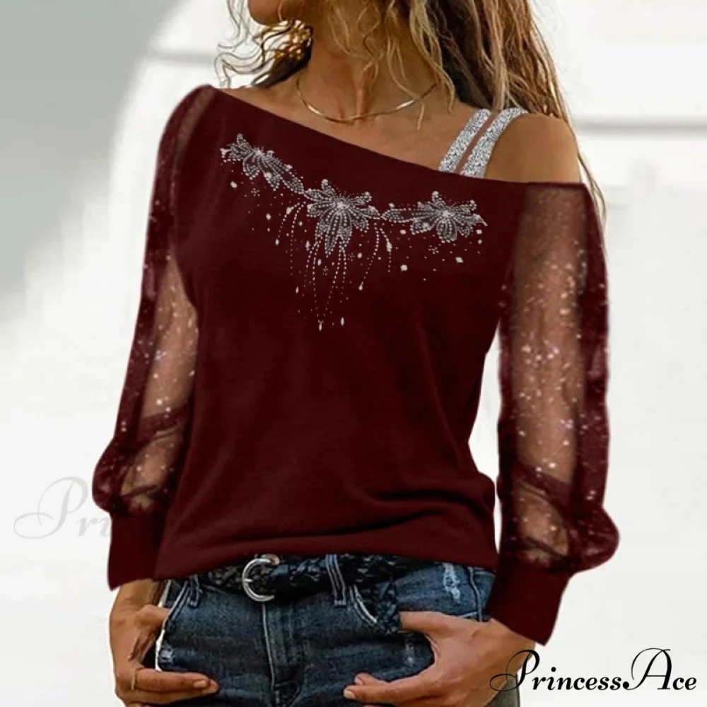 Long Sleeves Skew Collar Off Shoulder Patchwork Diamond Lace Blouse - Image 2