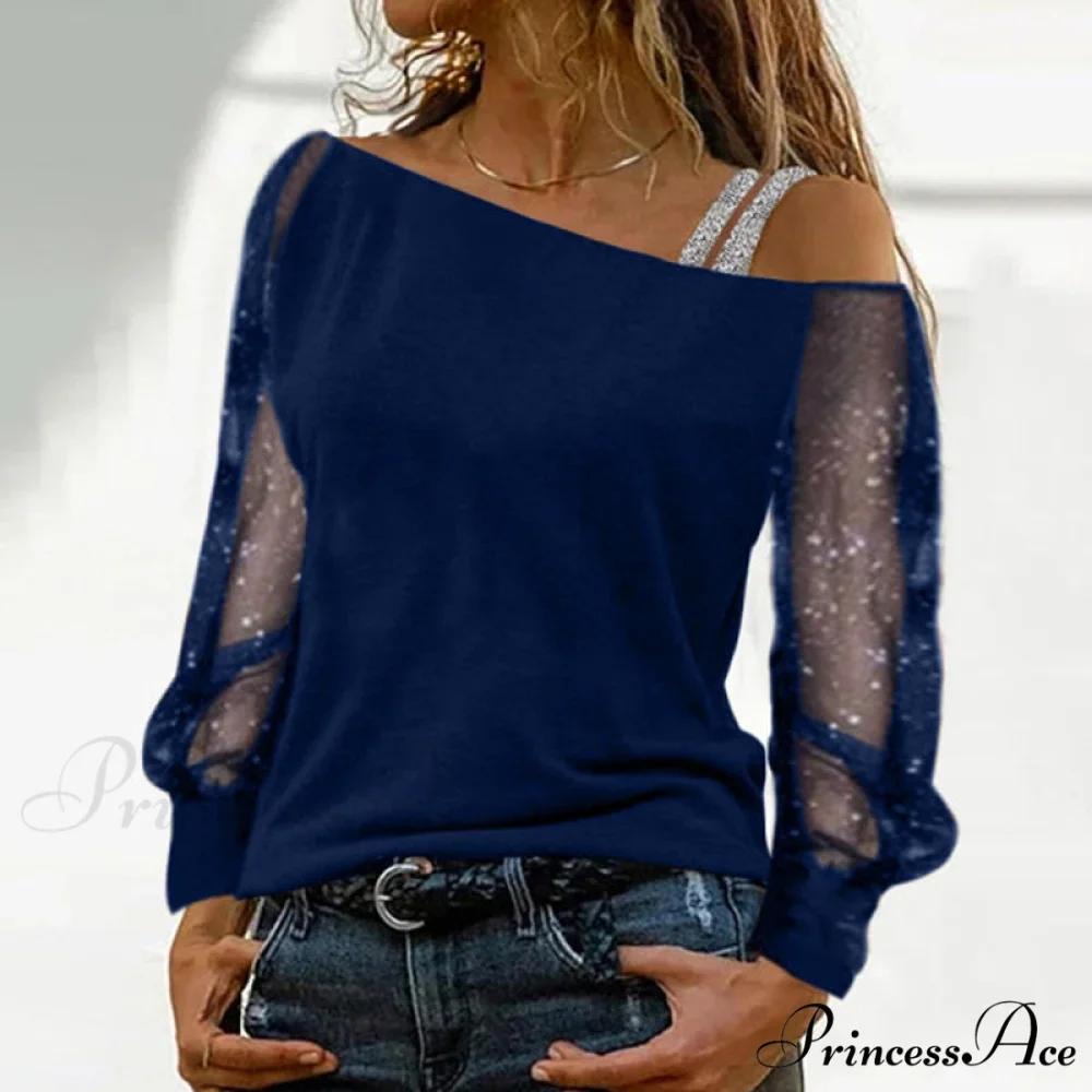 Long Sleeves Skew Collar Off Shoulder Patchwork Diamond Lace Blouse - Image 9
