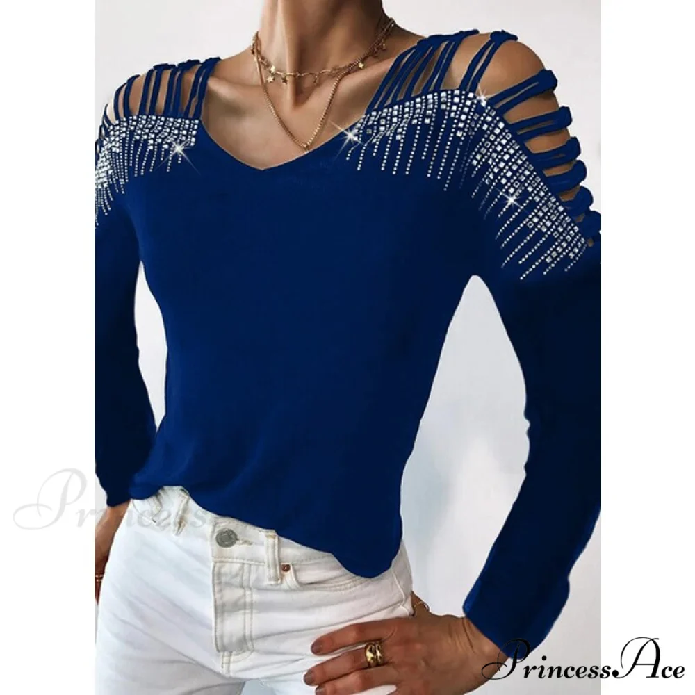 Sequins Cold Shoulder Long Sleeves Irregular V-neck Shirt - Image 2