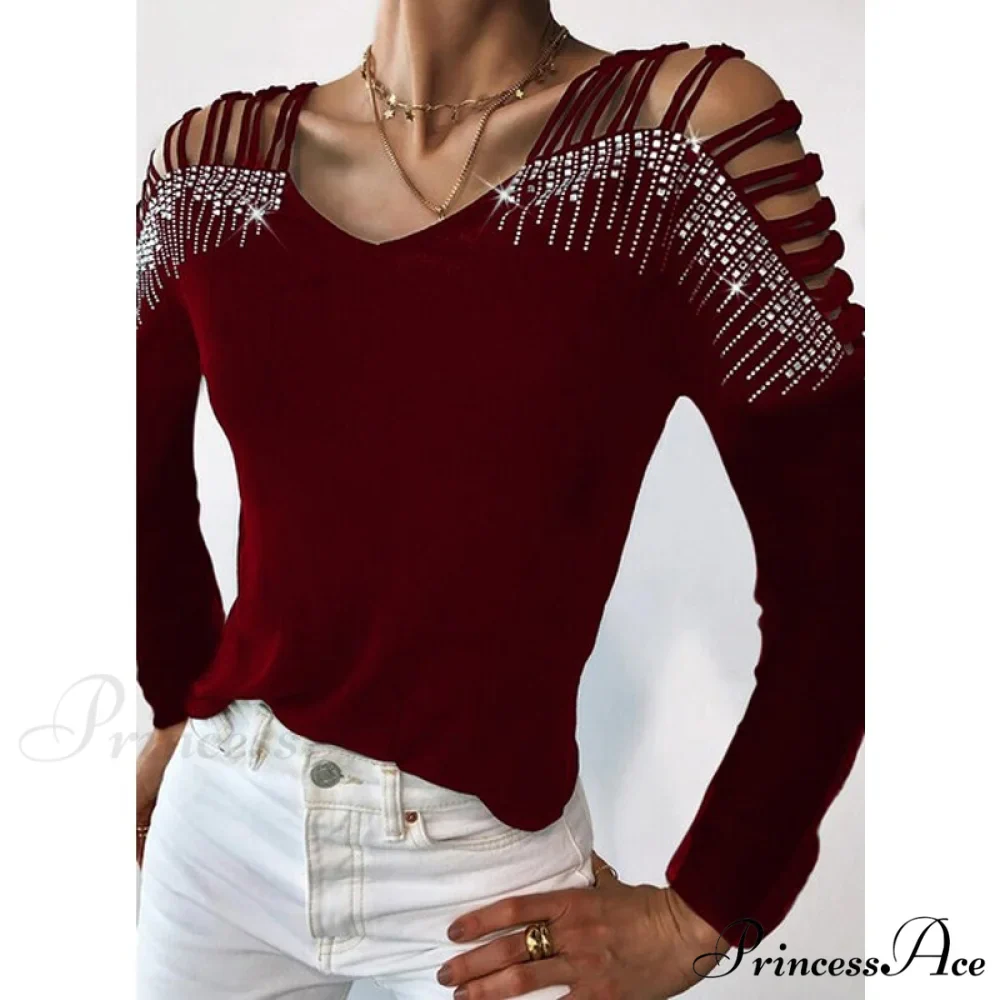 Sequins Cold Shoulder Long Sleeves Irregular V-neck Shirt - Image 3