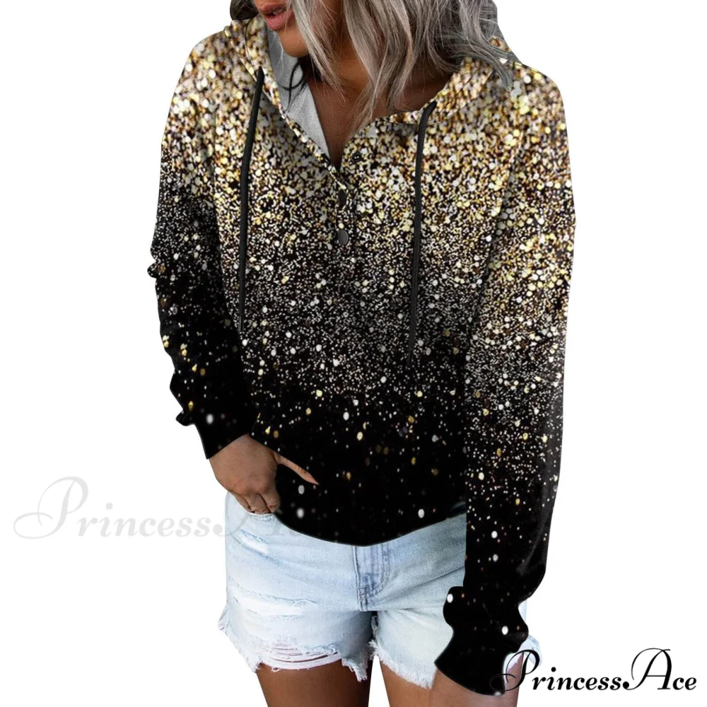 Casual Drawstring Button Sequins Printed Hooded Sweatshirts - Image 10