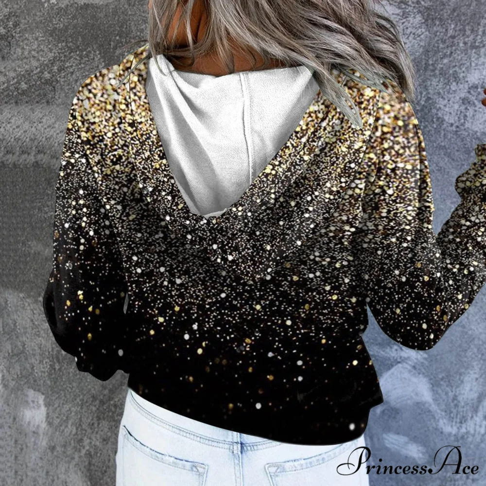 Casual Drawstring Button Sequins Printed Hooded Sweatshirts - Image 4