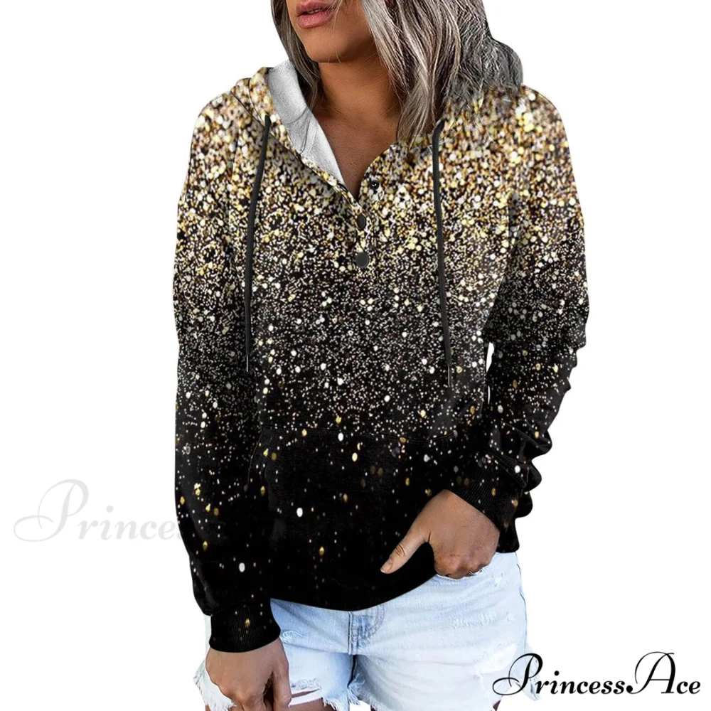 Casual Drawstring Button Sequins Printed Hooded Sweatshirts - Image 9