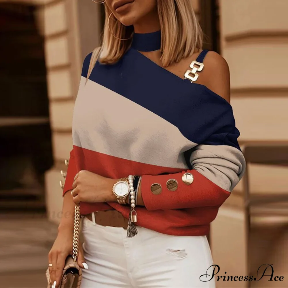 Off Shoulder Sequins Printed Long Sleeve Slash Neck Pullover - Image 12