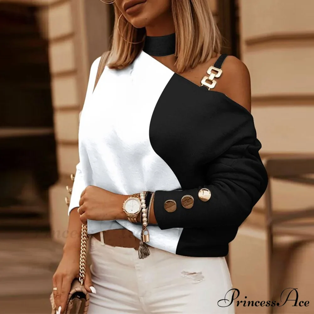 Off Shoulder Sequins Printed Long Sleeve Slash Neck Pullover - Image 14