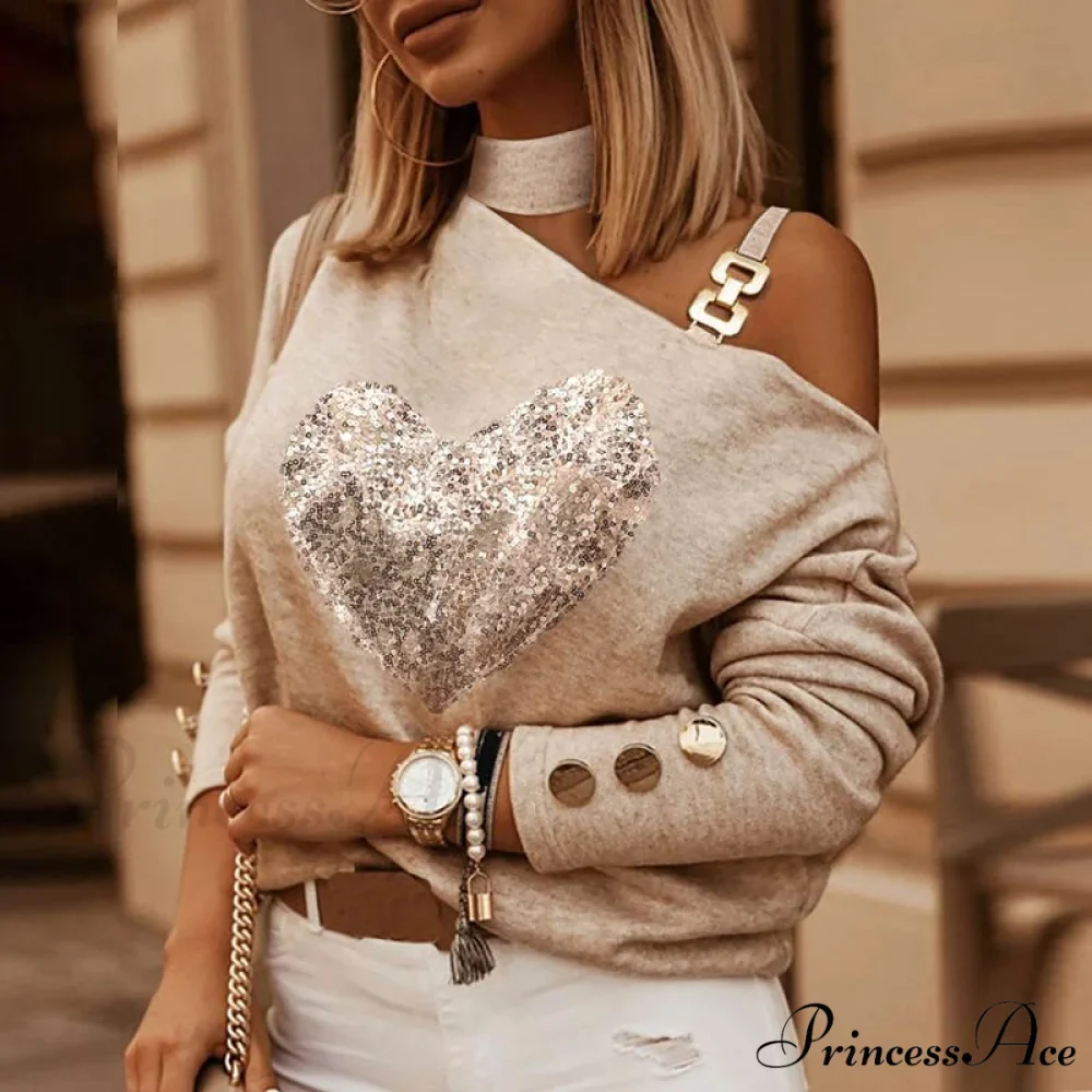 Off Shoulder Sequins Printed Long Sleeve Slash Neck Pullover - Image 15