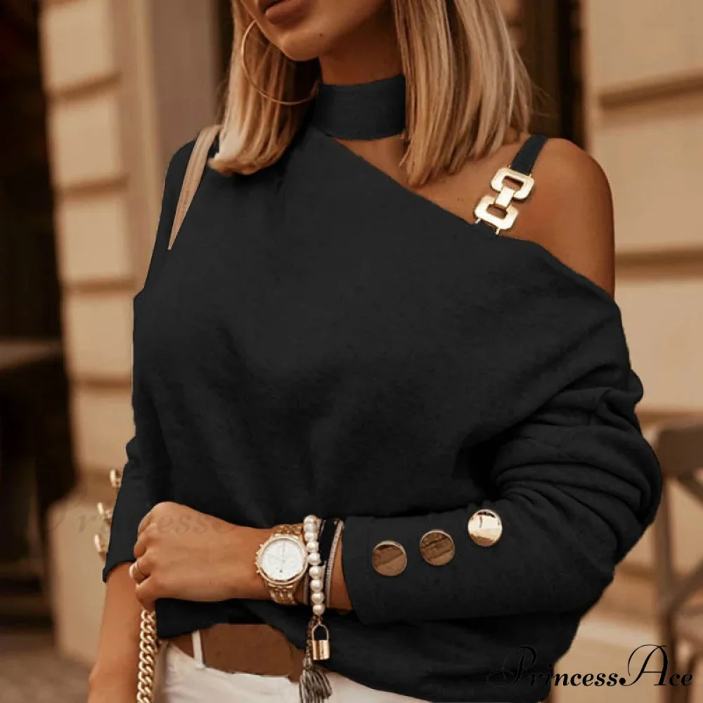 Off Shoulder Sequins Printed Long Sleeve Slash Neck Pullover - Image 4