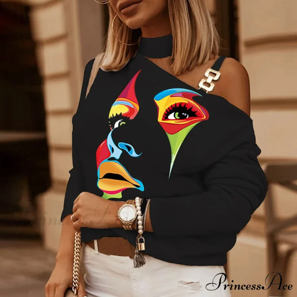 Off Shoulder Sequins Printed Long Sleeve Slash Neck Pullover - Image 8