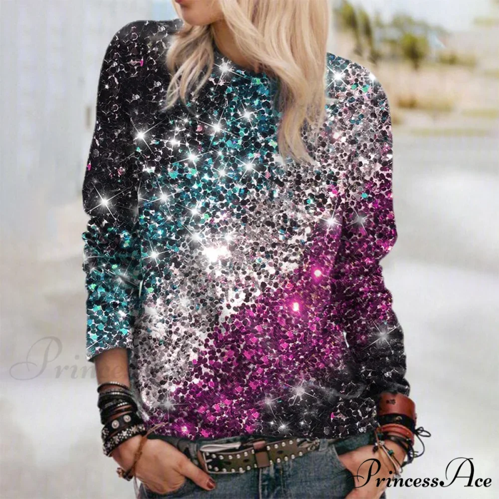 Y2k Sequins Gemstone Print Long Sleeves O-neck Pullover - Image 2