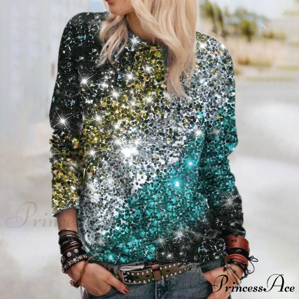 Y2k Sequins Gemstone Print Long Sleeves O-neck Pullover - Image 4