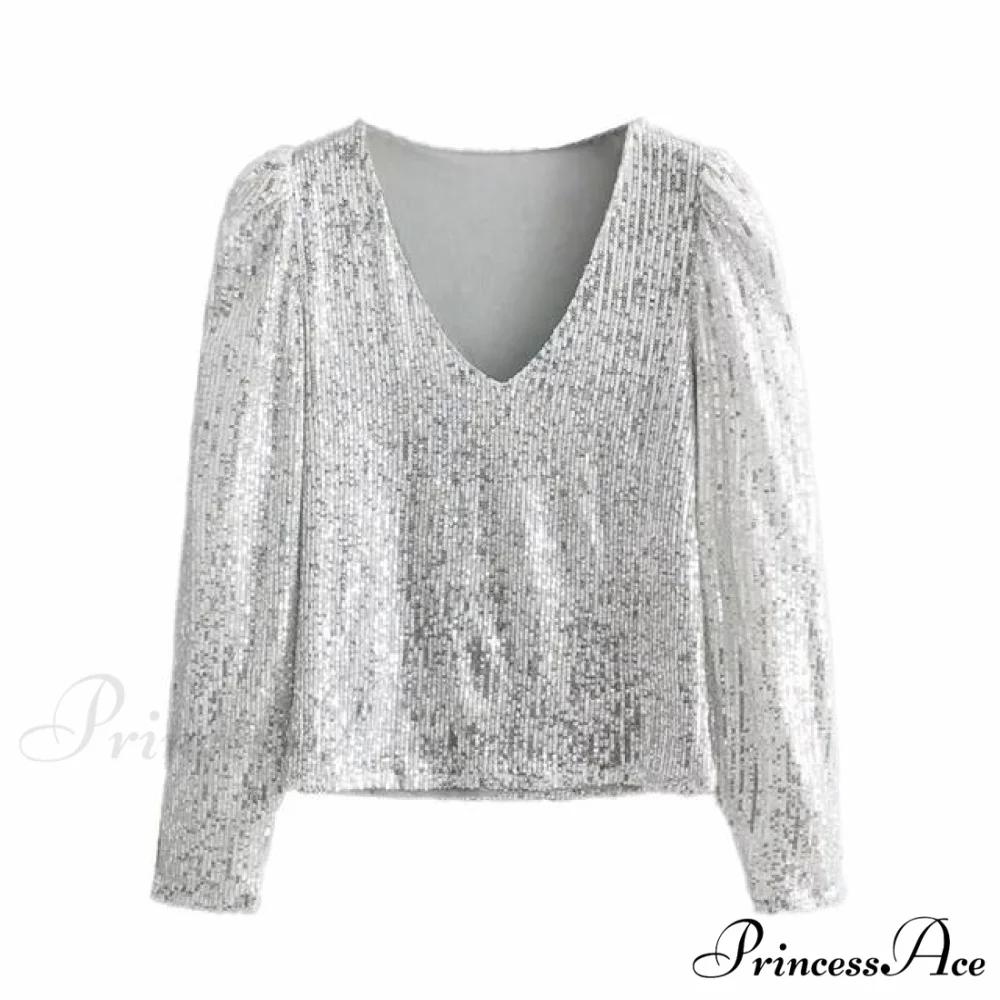 Sequined Vintage V-Neck Party Long Sleeve Tee - Image 8