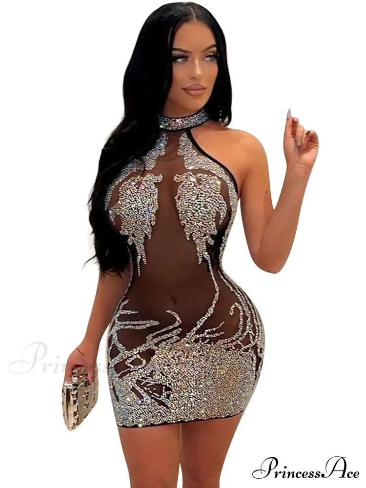 Sexy Mesh Rhinestone Short Prom Evening Mini Dress - Image 2
