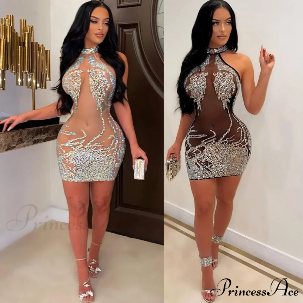 Sexy Mesh Rhinestone Short Prom Evening Mini Dress - Image 4