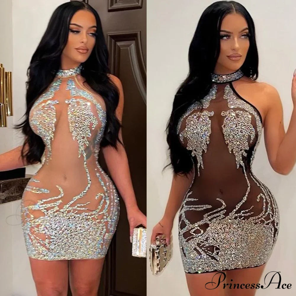 Sexy Mesh Rhinestone Short Prom Evening Mini Dress - Image 5