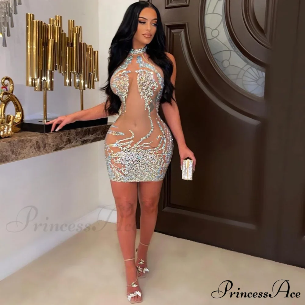 Sexy Mesh Rhinestone Short Prom Evening Mini Dress - Image 8