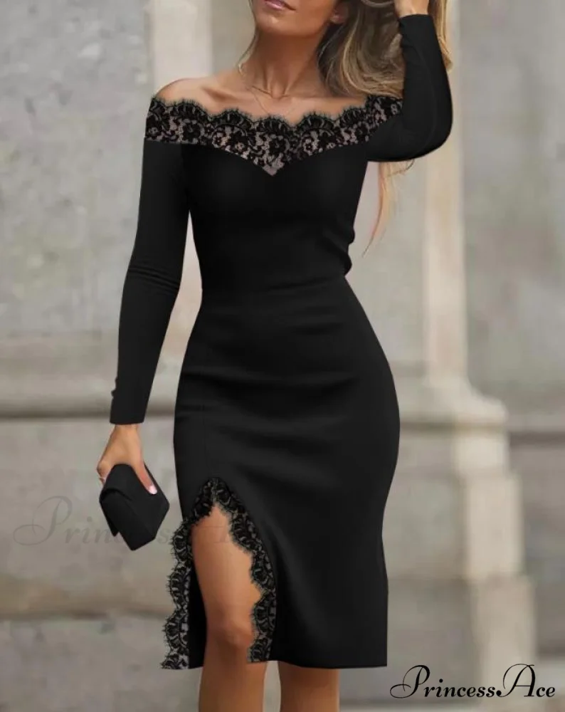 Lace Off Shoulder Long Sleeve Slit Midi Party Dress - Image 2