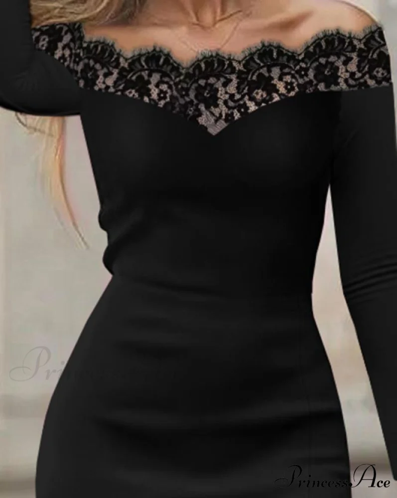 Lace Off Shoulder Long Sleeve Slit Midi Party Dress - Image 3