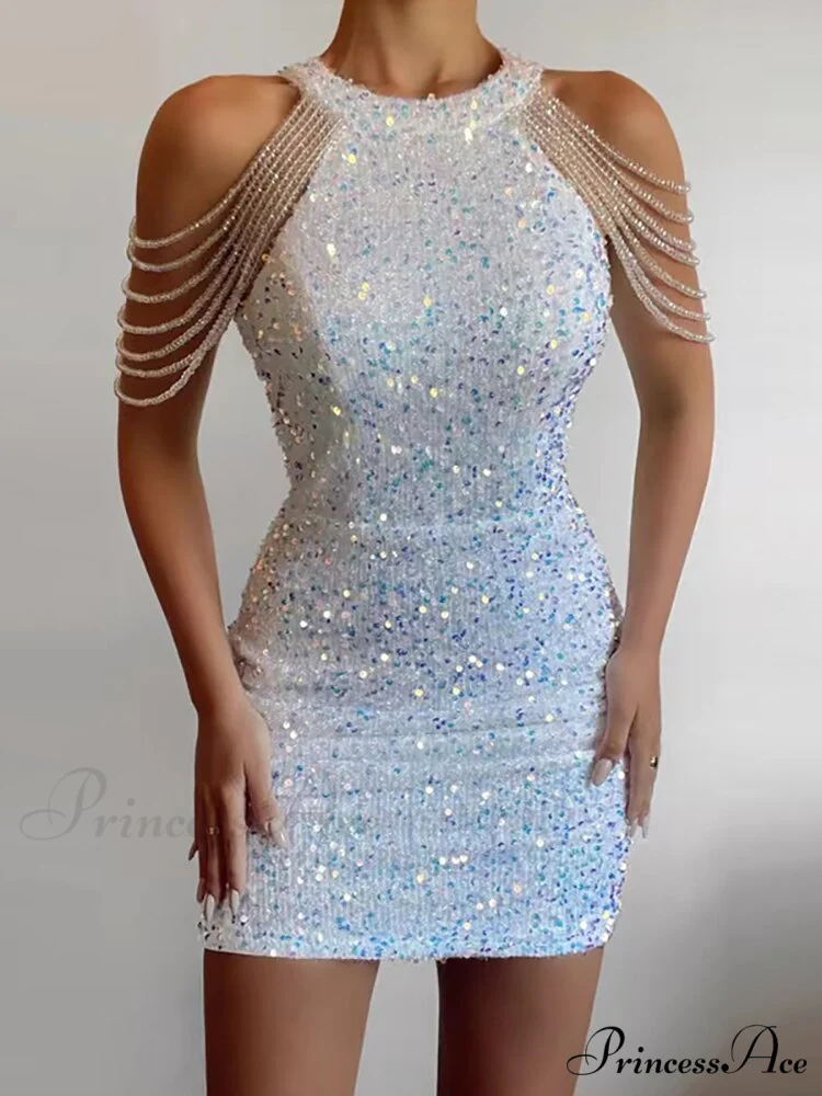 Sleeveless Off Shoulder Skinny High Waist Halter Chain Sequin Dress - Image 12