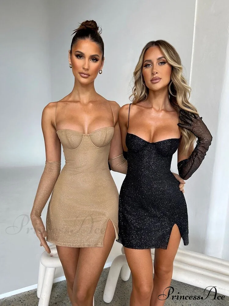 Glitter Party Club Fashion Outfits Spaghetti Strap Sexy Slit Dress - Image 5