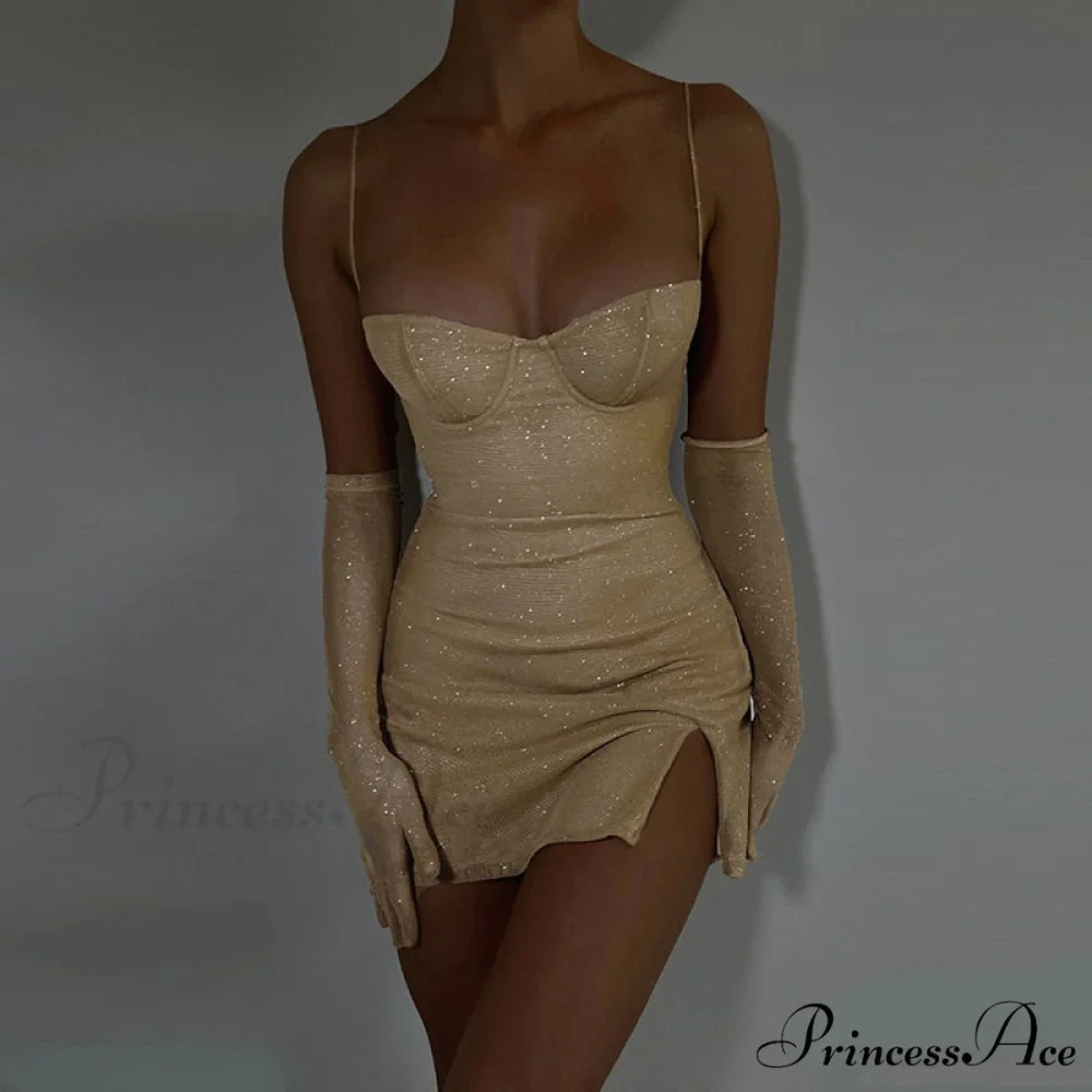 Glitter Party Club Fashion Outfits Spaghetti Strap Sexy Slit Dress - Image 6