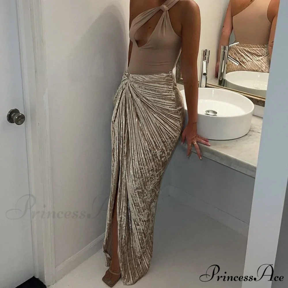 Pleated Velvet High Waist Twist High Split Party Skirt - Image 4
