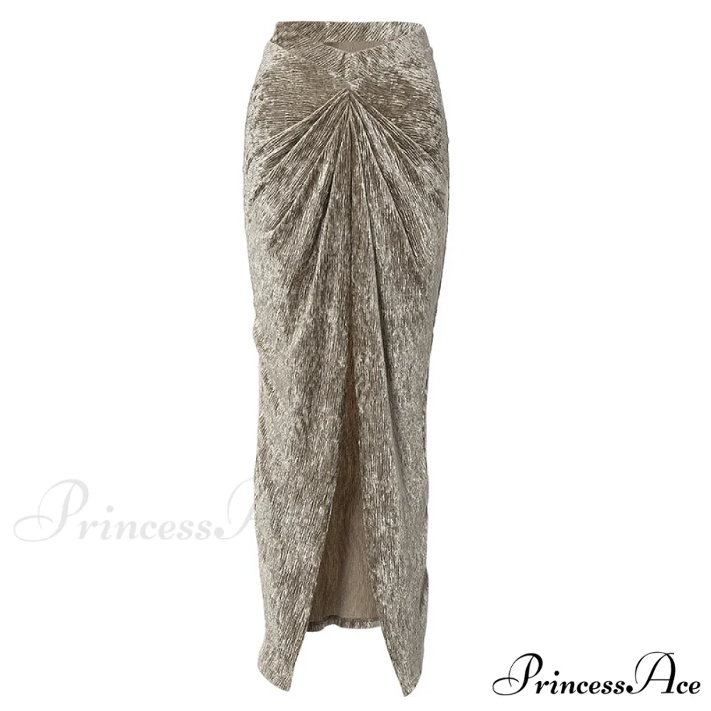 Pleated Velvet High Waist Twist High Split Party Skirt - Image 5