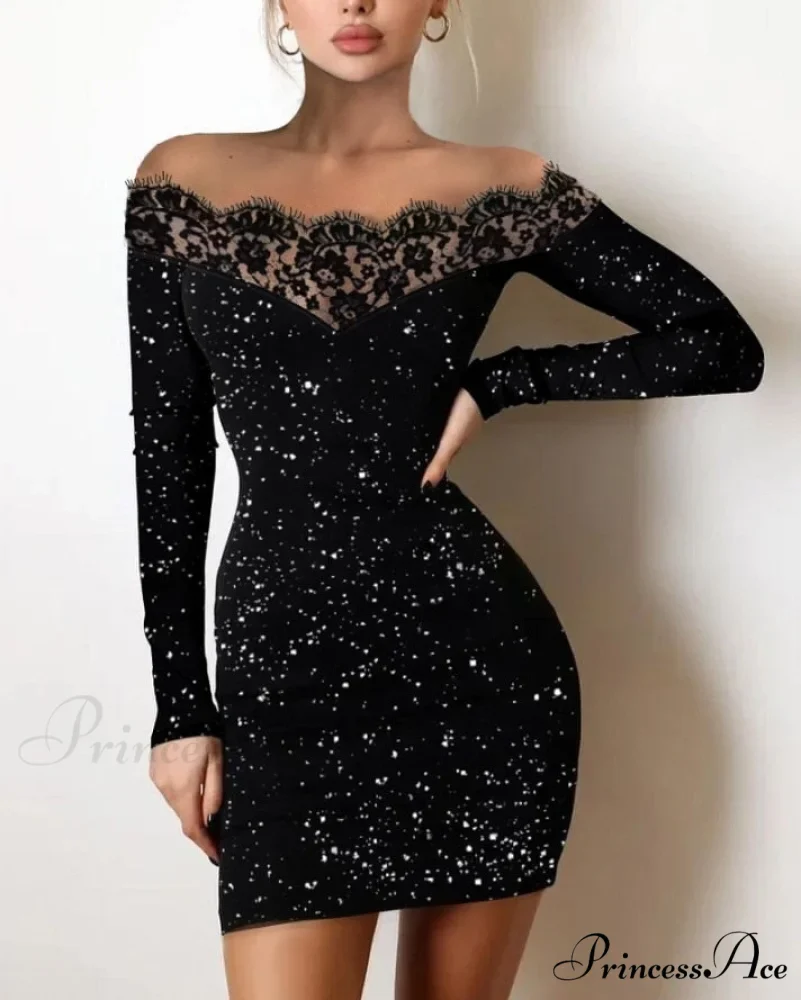 Off Shoulder Long Sleeve Contrast Lace Glitter Bodycon Mini Dress - Image 2