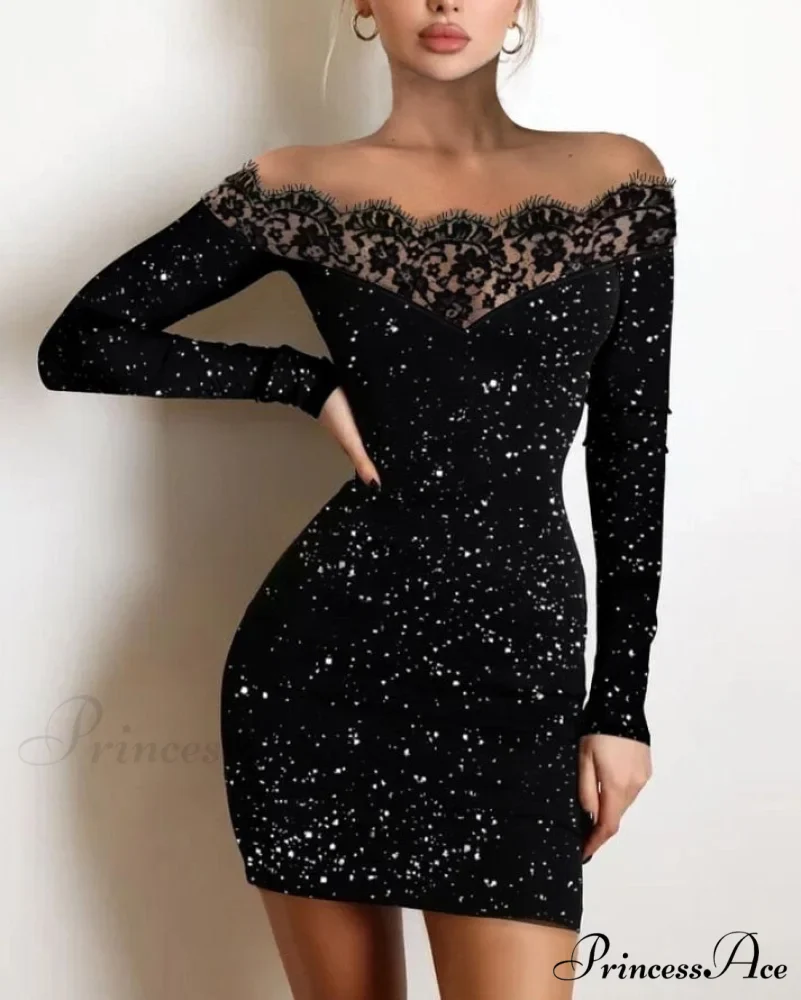Off Shoulder Long Sleeve Contrast Lace Glitter Bodycon Mini Dress - Image 3