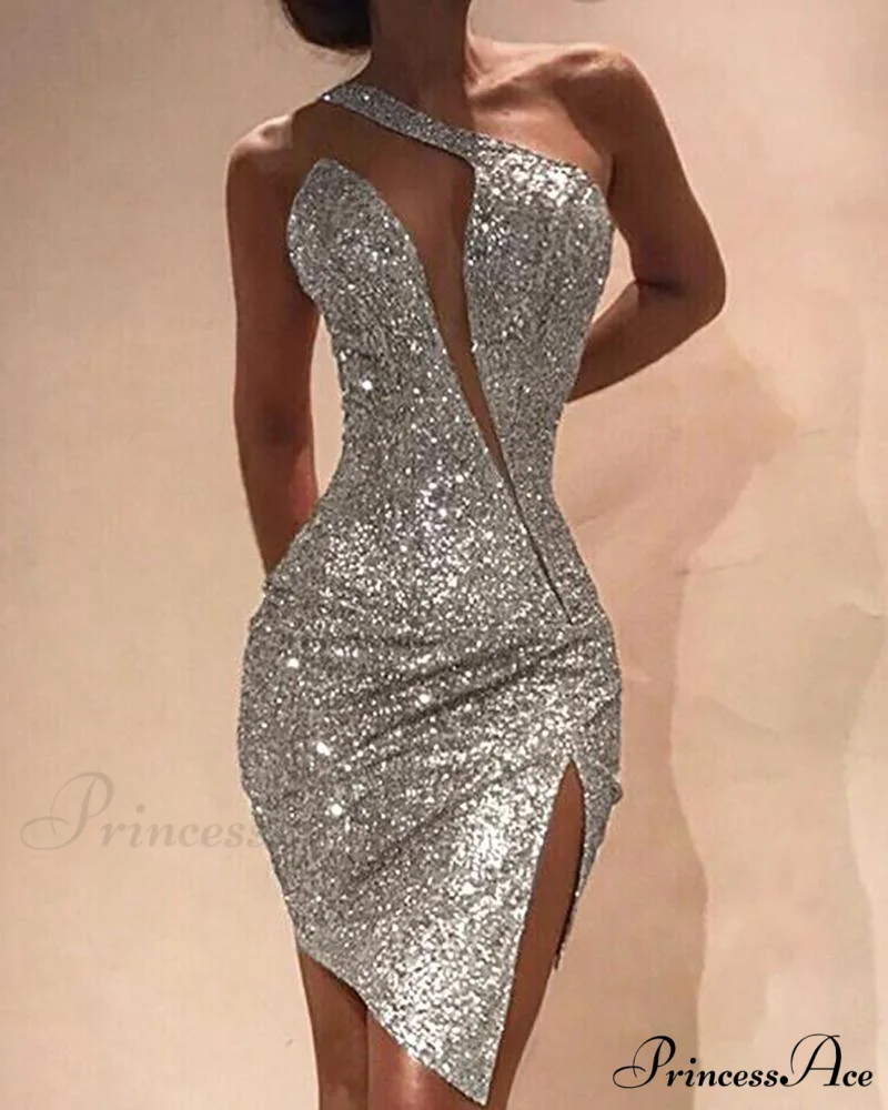 One Shoulder Cut Out Slit Bodycon Sequin Dress - Image 5