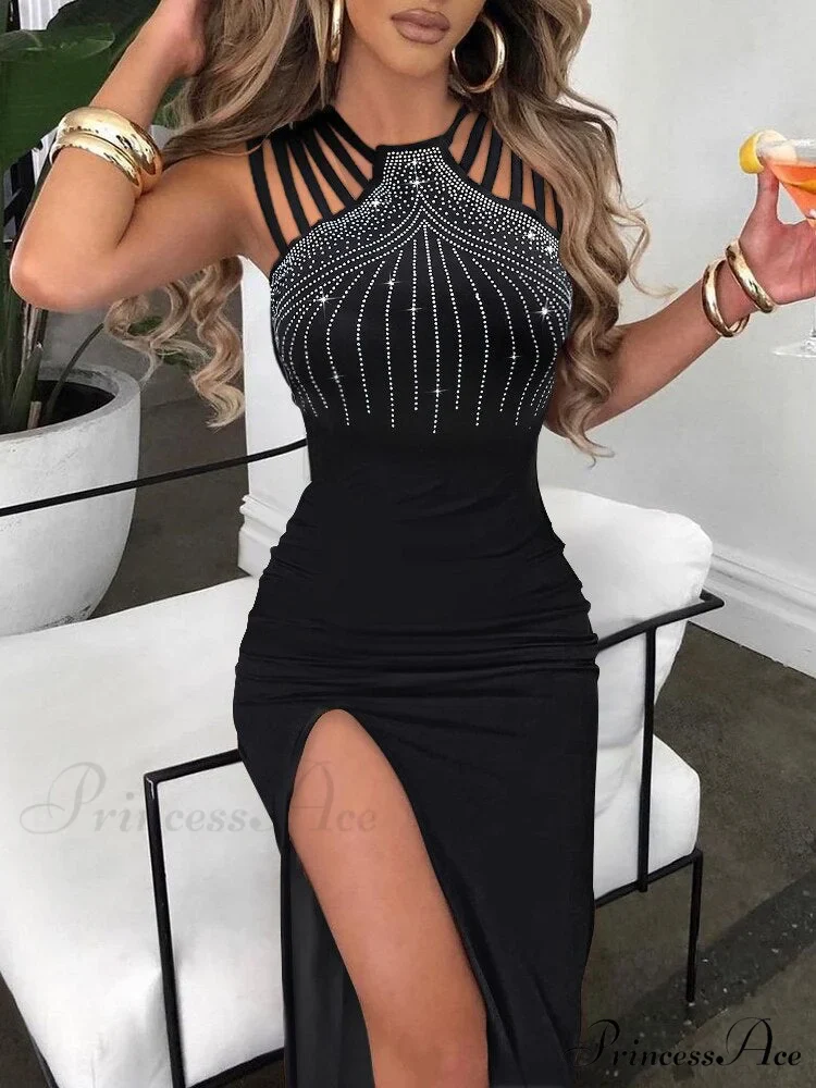 Slim Hot Rhinestone Sleeveless Ladies High Slit Bodycon Sexy Dress - Image 3