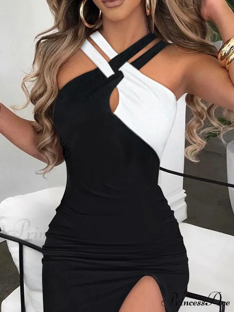 Slim Hot Rhinestone Sleeveless Ladies High Slit Bodycon Sexy Dress - Image 5