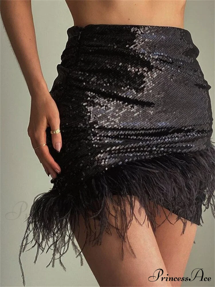 Glitter Women Sequin Feather Tassel Mini Skirt - Image 2