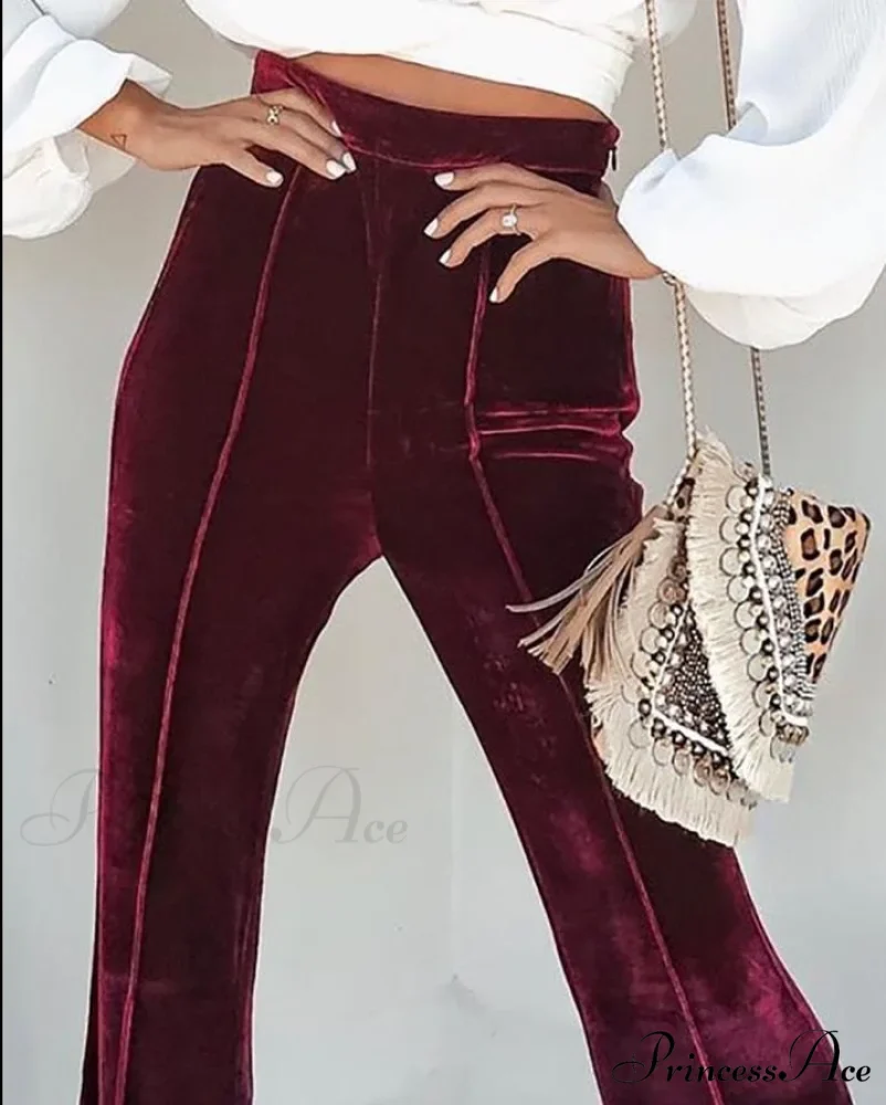 Casual Velvet High Waist Flared Pants - Image 3