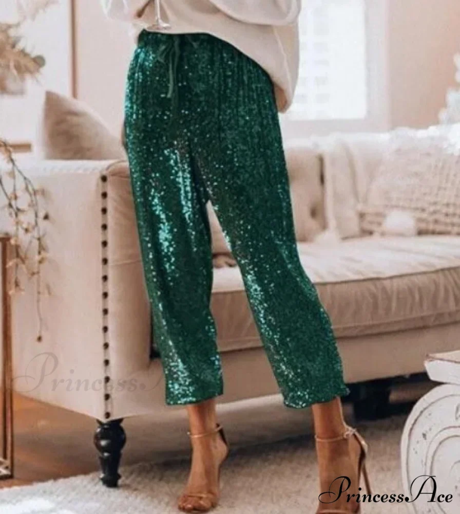 Sequin Shiny Wide Beam Leg Pants - Image 3