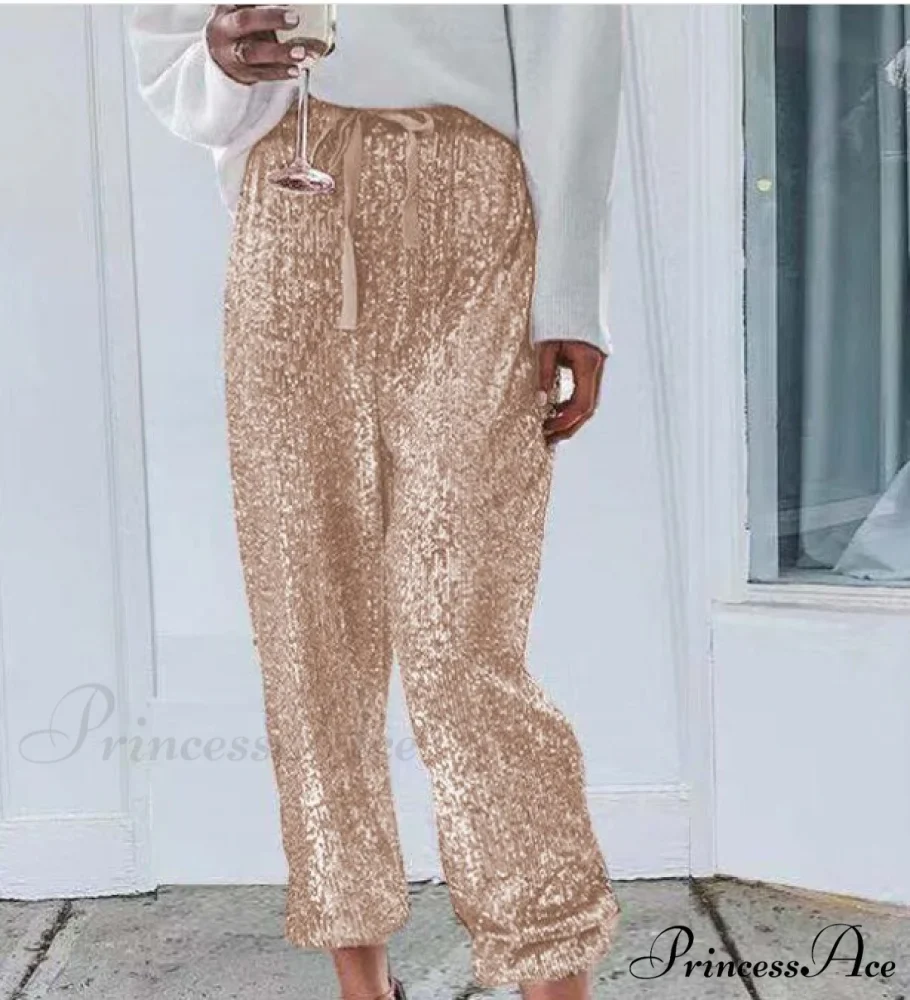Sequin Shiny Wide Beam Leg Pants - Image 4