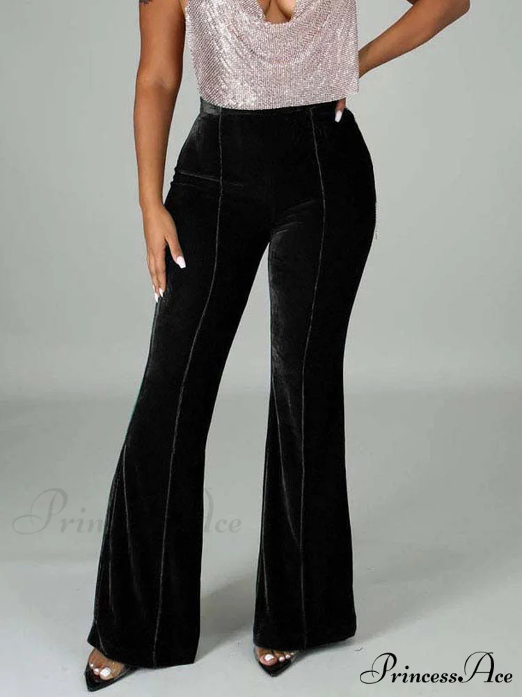 Velvet Velour Flared Bell Bottoms High Waist Pants - Image 17