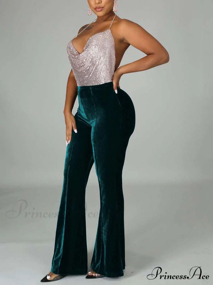 Velvet Velour Flared Bell Bottoms High Waist Pants - Image 2