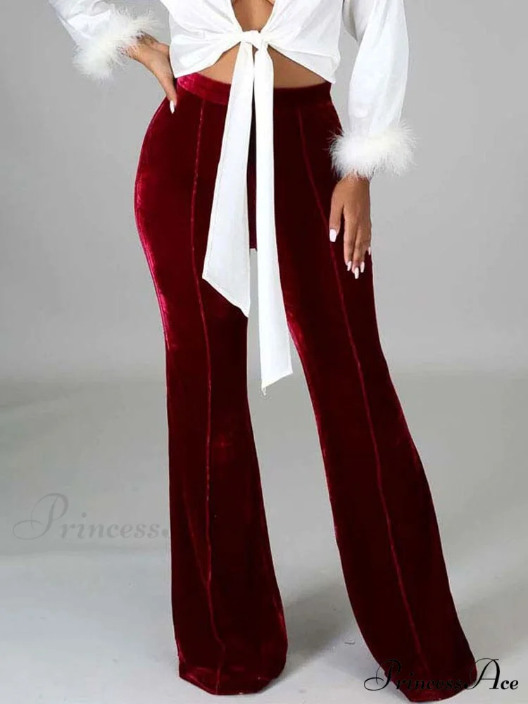 Velvet Velour Flared Bell Bottoms High Waist Pants - Image 20
