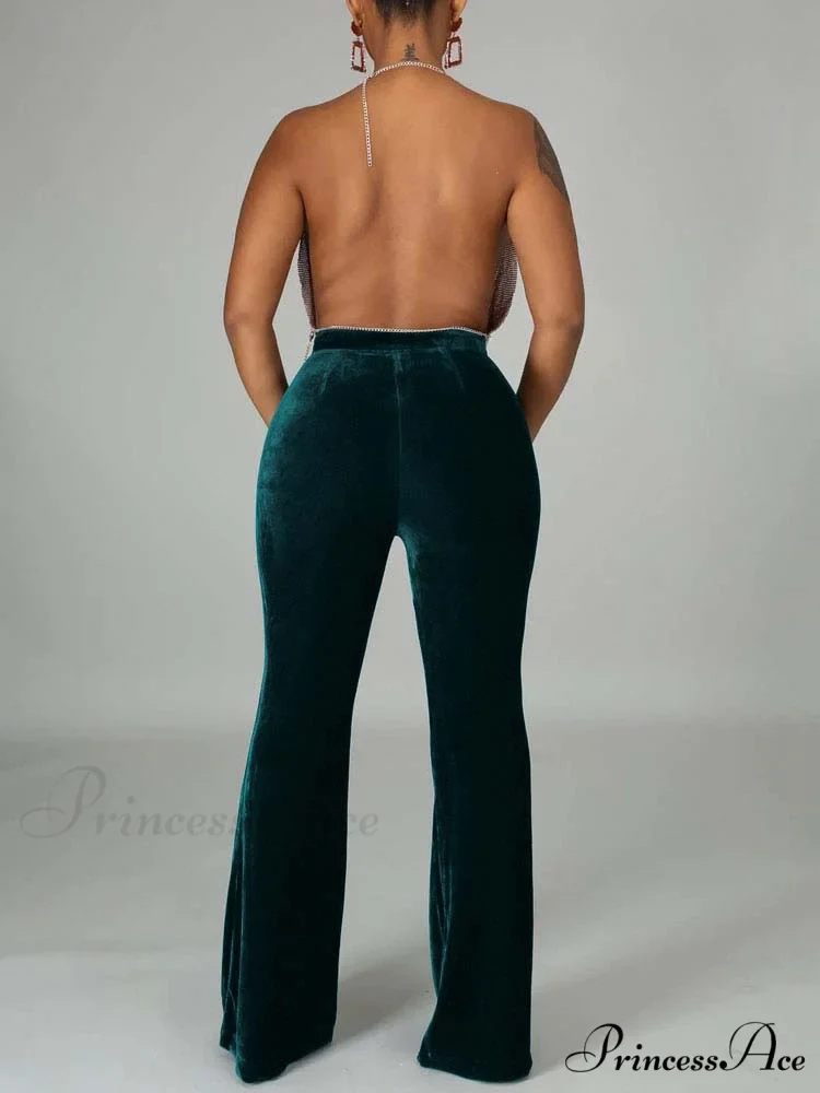 Velvet Velour Flared Bell Bottoms High Waist Pants - Image 3