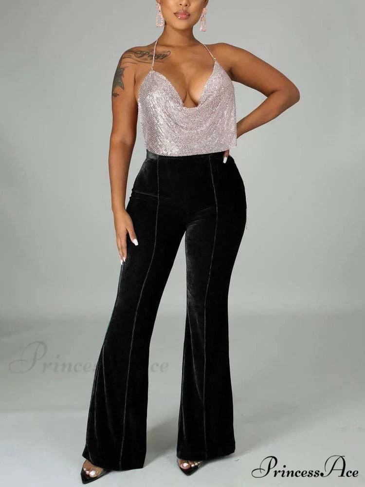 Velvet Velour Flared Bell Bottoms High Waist Pants - Image 9