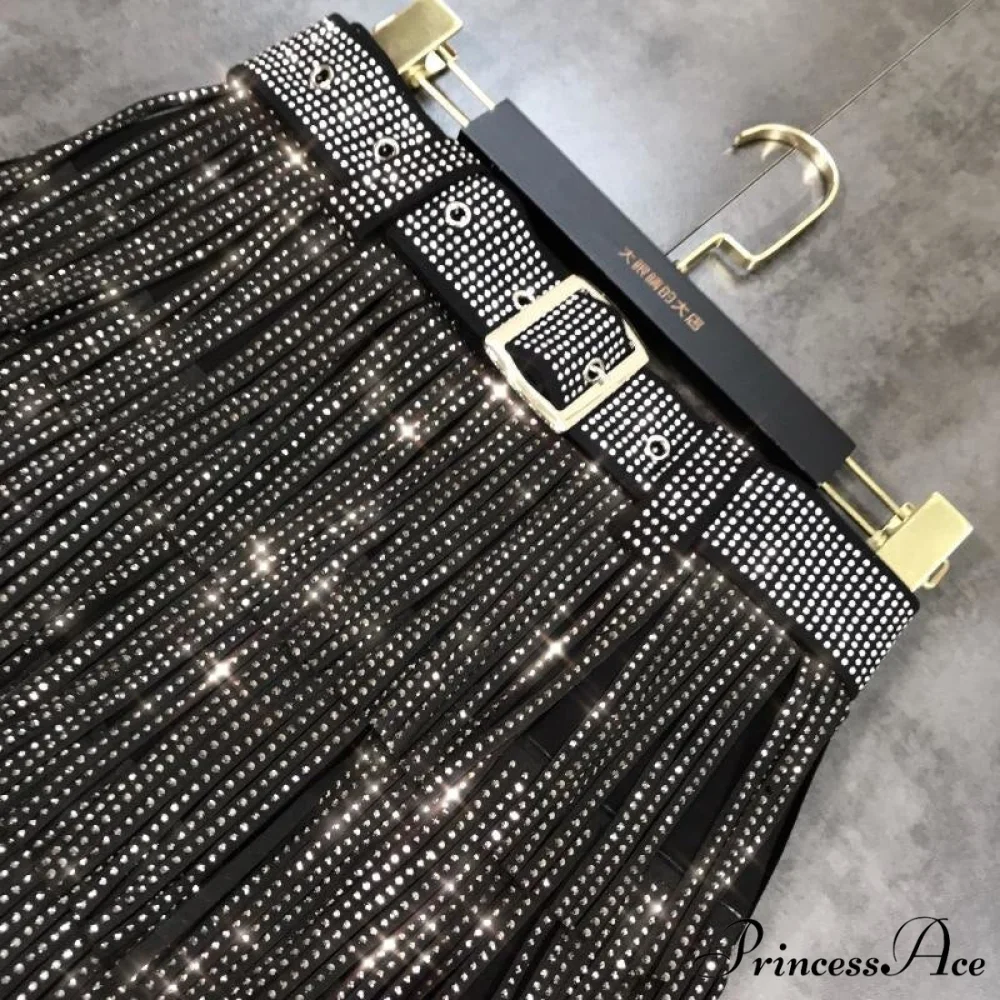 Rhinestones Tassel High Waist Belt Skirt - Image 2