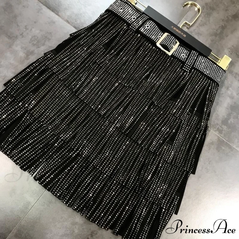 Rhinestones Tassel High Waist Belt Skirt - Image 6