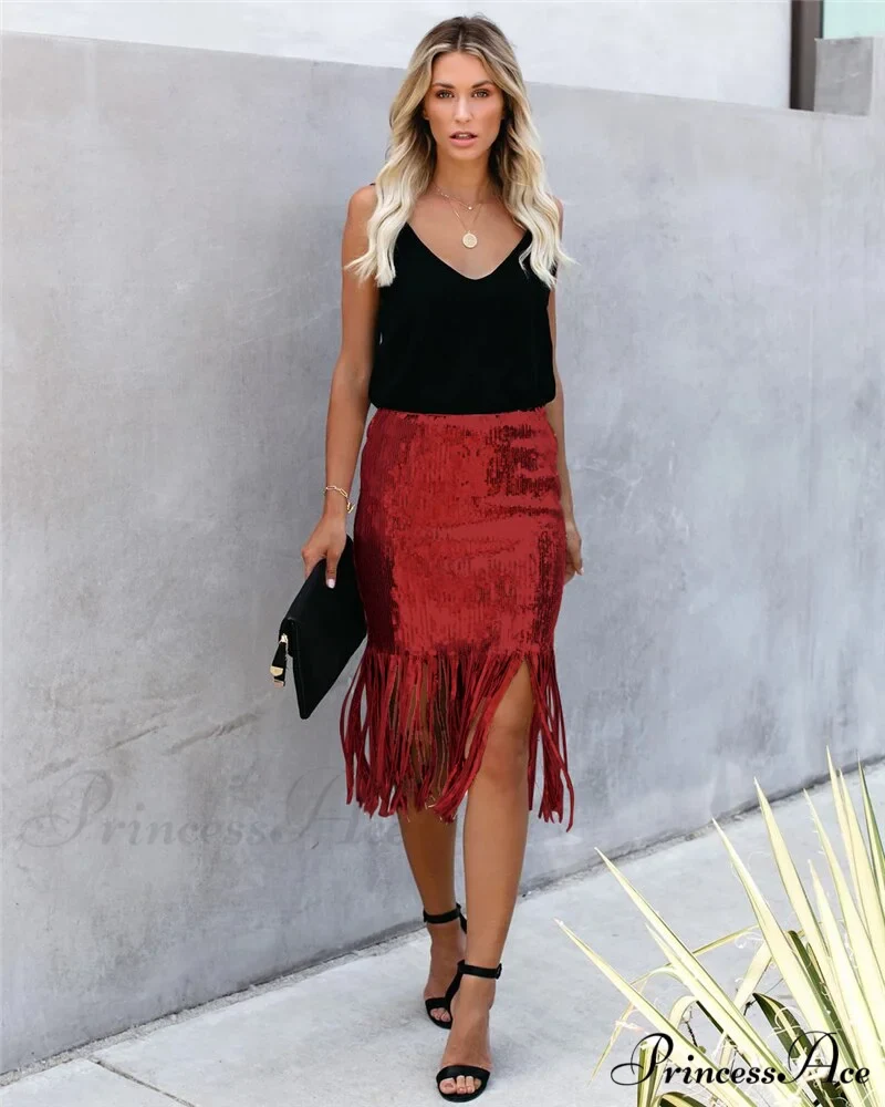 2024 Sequin Tassel Tight Midi Skirt - Image 3