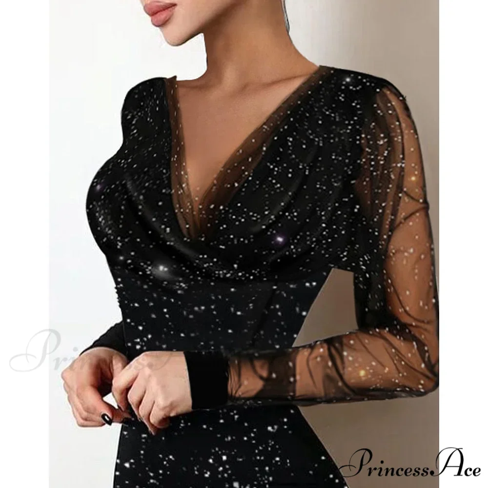 Sequin Sheer Mesh Glitter Long Sleeve Party Dress - Image 4