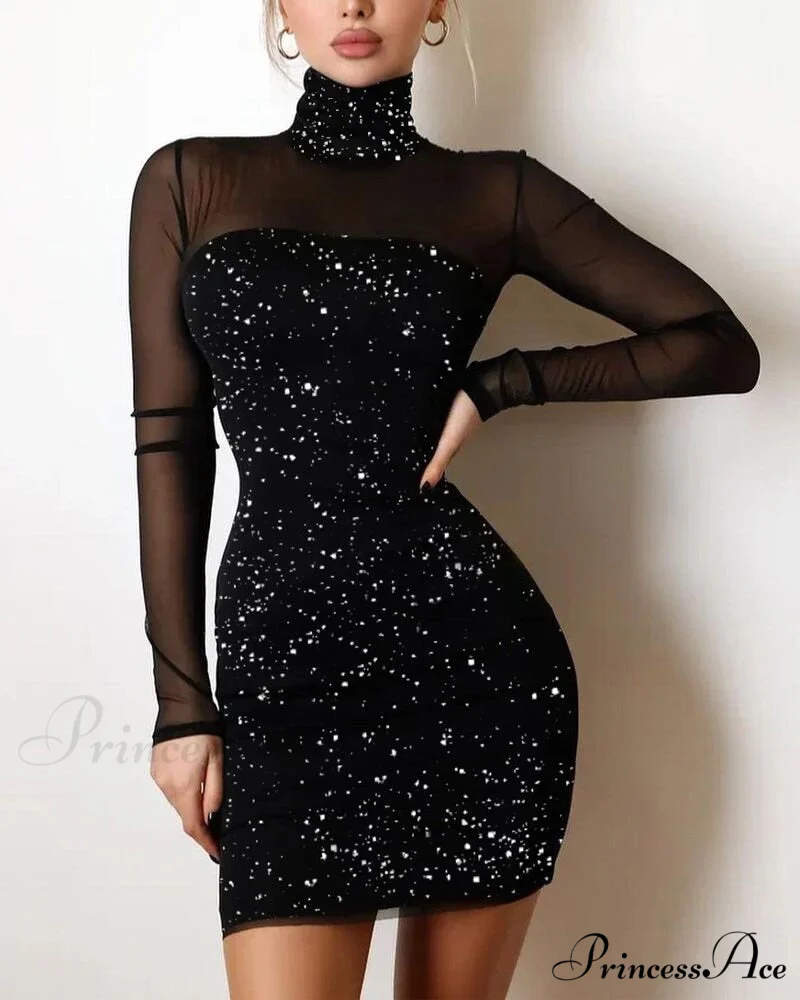 Sequin Sheer Mesh Glitter Long Sleeve Party Dress - Image 6