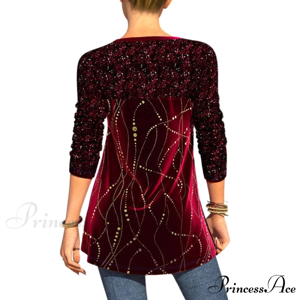 Plus Size Graphic Printed Sequins Patchwork Round Neck T Shirt - Image 14